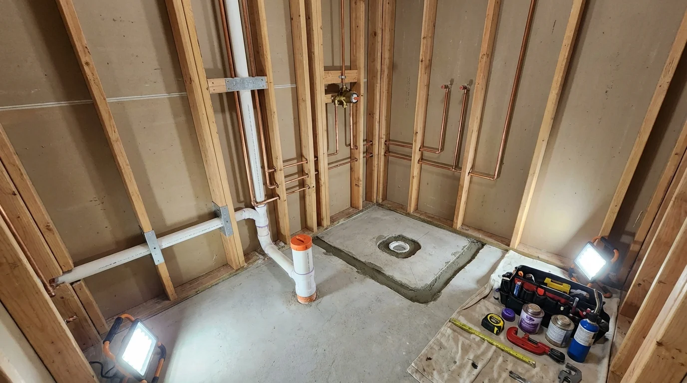 Bathroom rough-in plumbing during remodel by Johns Plumbing LLC in Mineral Springs