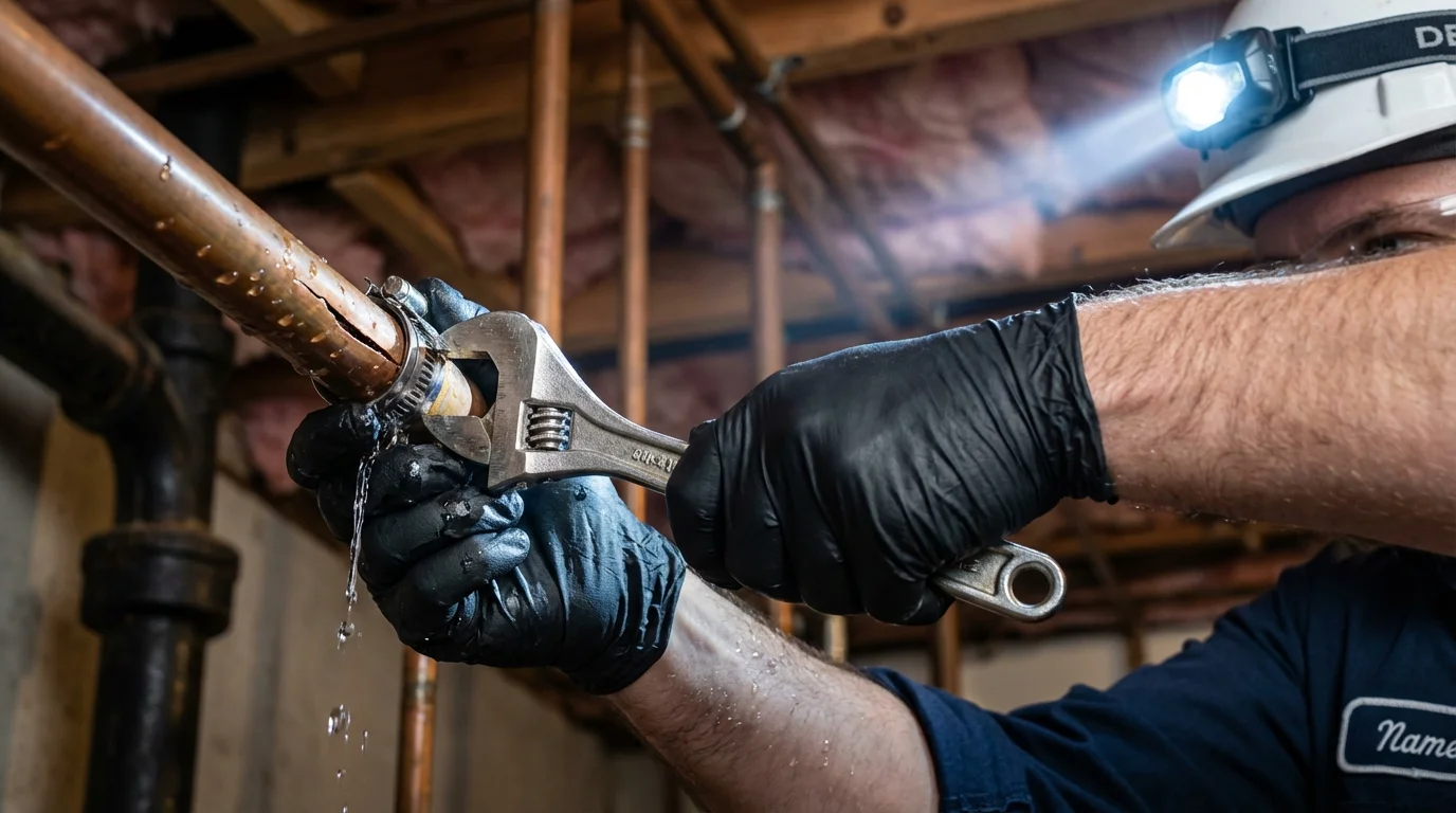 Emergency pipe clamp repair being performed by a Johns Plumbing LLC plumber in Mineral Springs