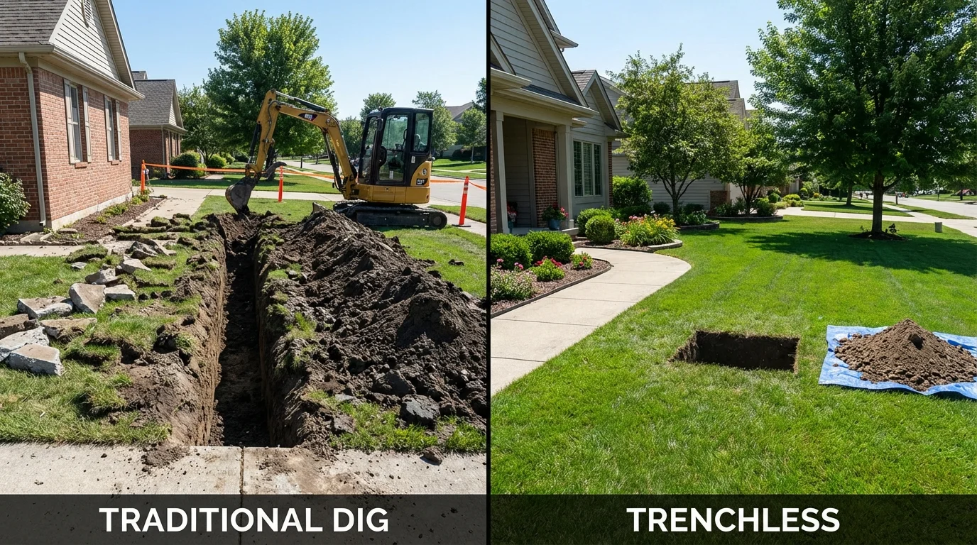 Trenchless sewer repair with minimal yard damage versus traditional excavation in Mineral Springs, NC