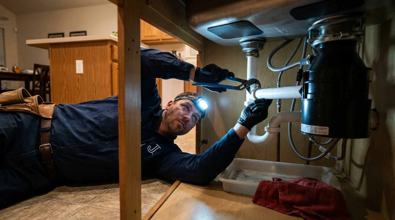 P-trap and supply line connections under a kitchen sink showing a common leak point in Mineral Springs, NC